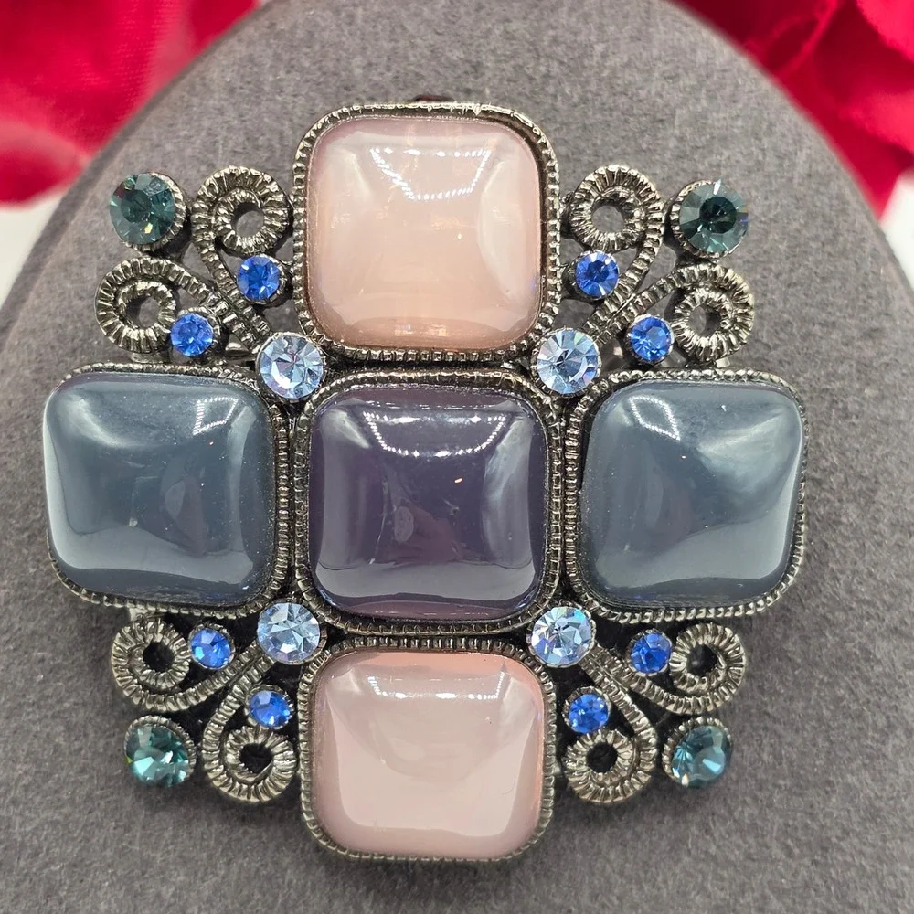 Gunmetal Pink Gray Cabochon Blue Rhinestone Filigree Brooch Pendant Statement